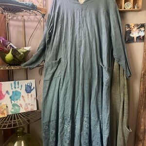Vintage Blue Fish dark blue green linen long sleeve dress.